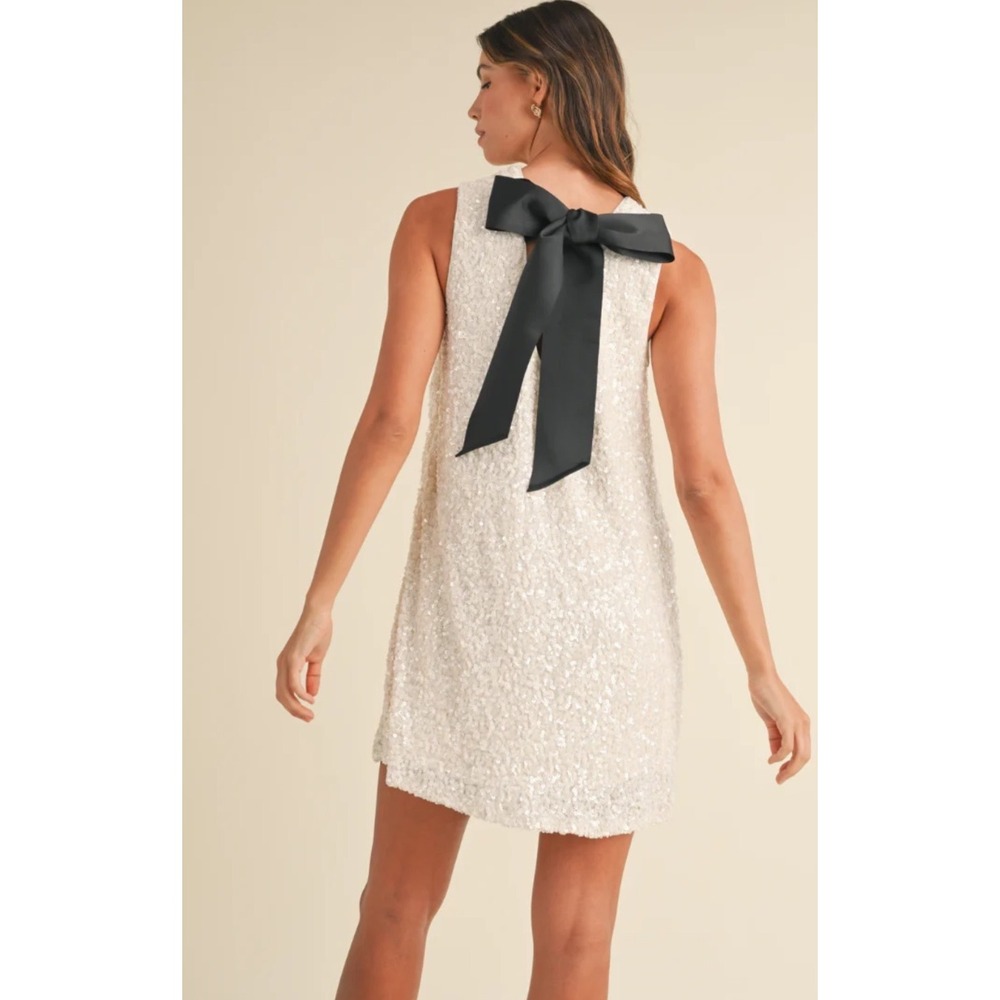 H&M White Sequin Sleeveless Mini Dress with Large Black Back Bow Size S